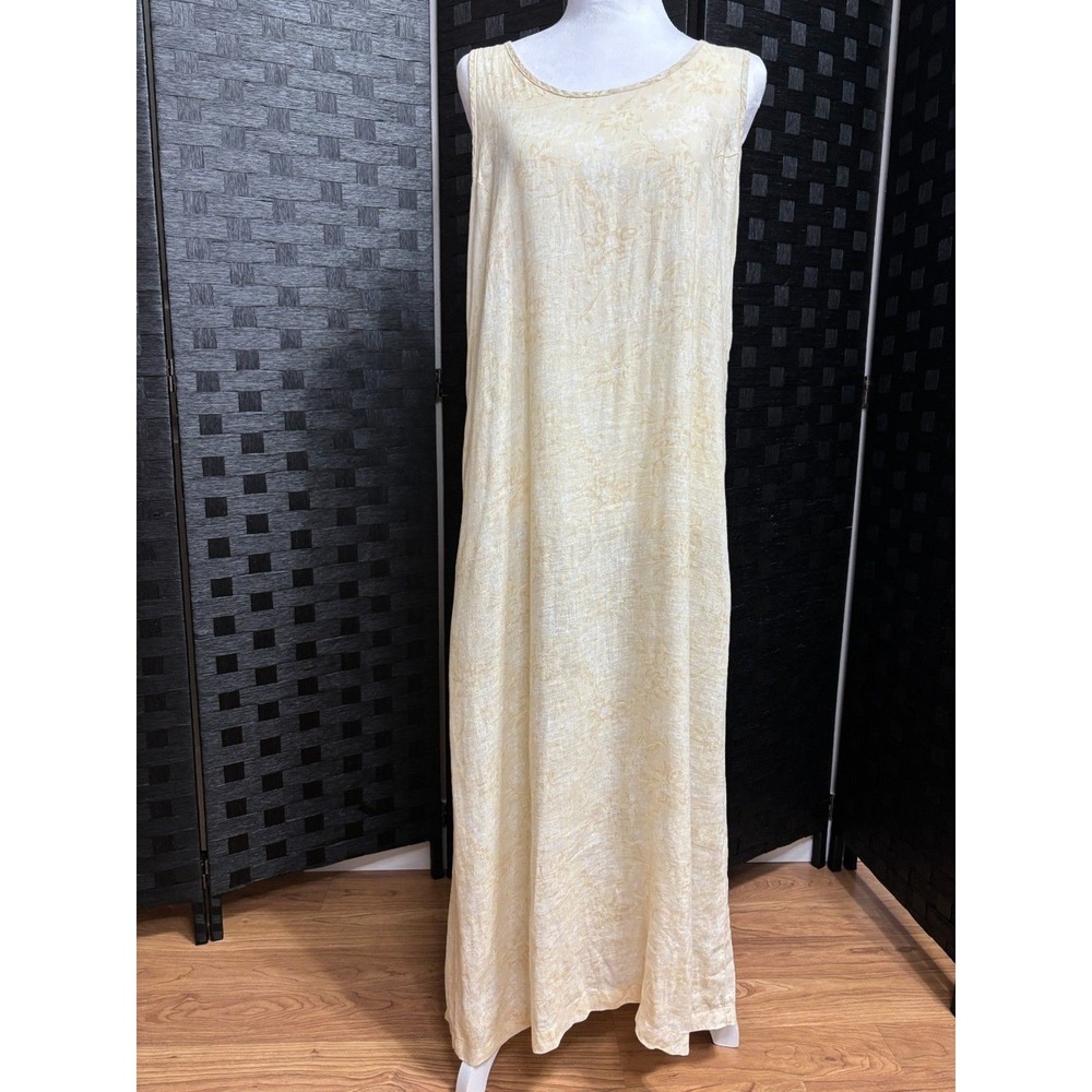 GAP Linen Maxi Dress Beige Floral Shift Beach Coastal Boho Hippie Lagenlook Sz S